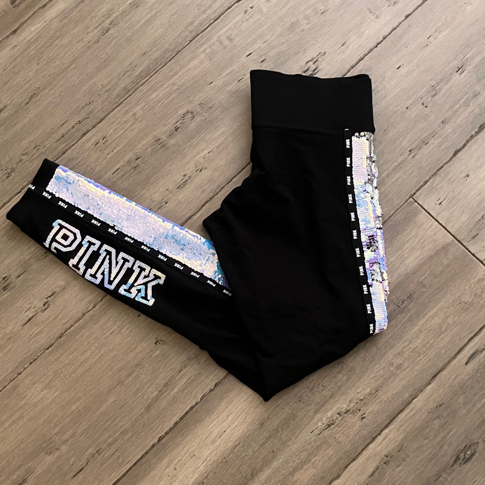 PINK Victoria's Secret Logo Blue Silver Sequin Black Yoga Leggings S